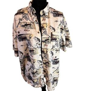 North River outfitters white , pale yellow, and blue sport fishing shirt. Size M